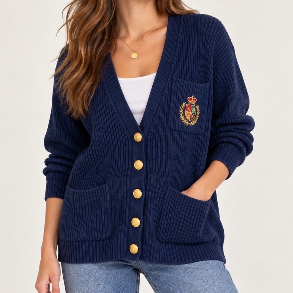 Vintage 90s Lizsport Navy Cardigan M Crest Gold Buttons Preppy Cotton Sweater